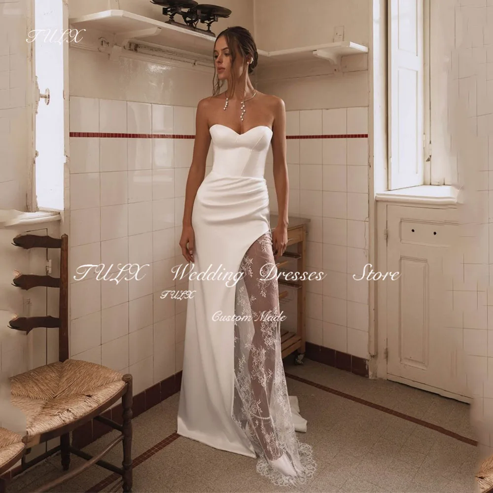 

TULX Sexy Sweetheart Satin Woman Wedding Dress Mermaid Long Side High Slit Lace Elegant Bridal Gowns Customized Robe De Mariée