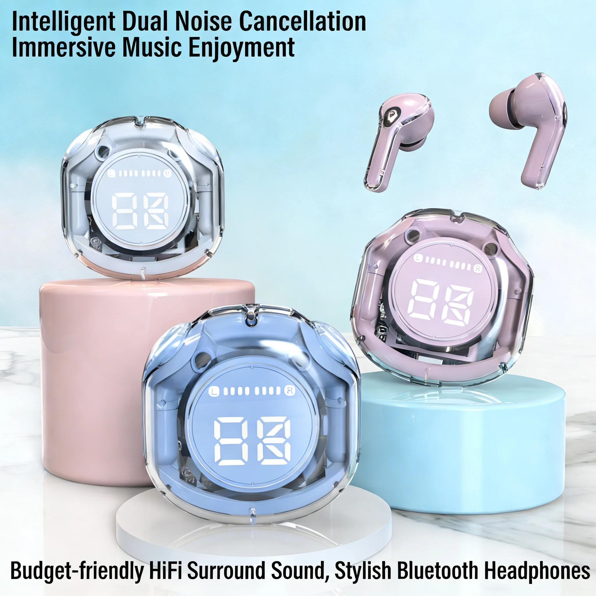 

2026 New Arrival Stylish High-Appearance Bluetooth earphones with LED Digital Display HiFi Stereo Sound & Smart Noise Canceling