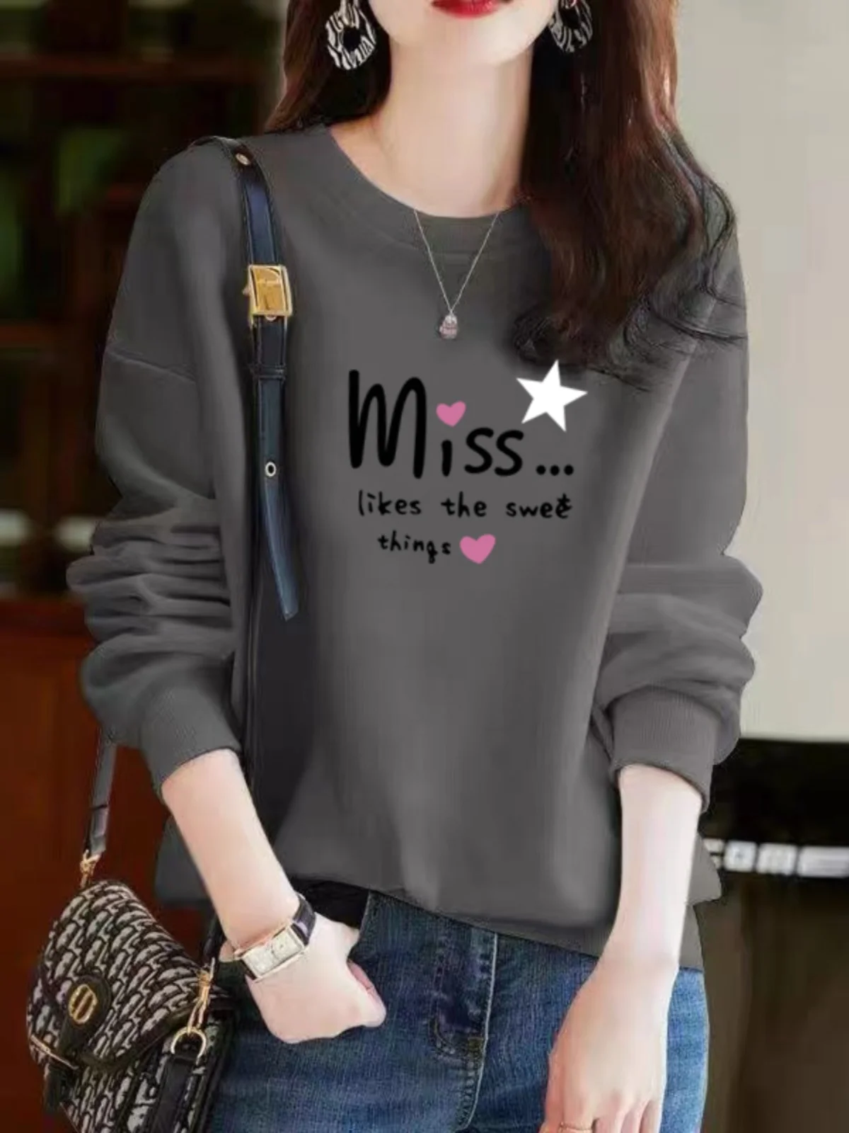 Autumn New Sle Long Sve Pure Cotton Printed Sweatirt Casual Slimming Base Layer irt Comfortable round Ne Commute S...