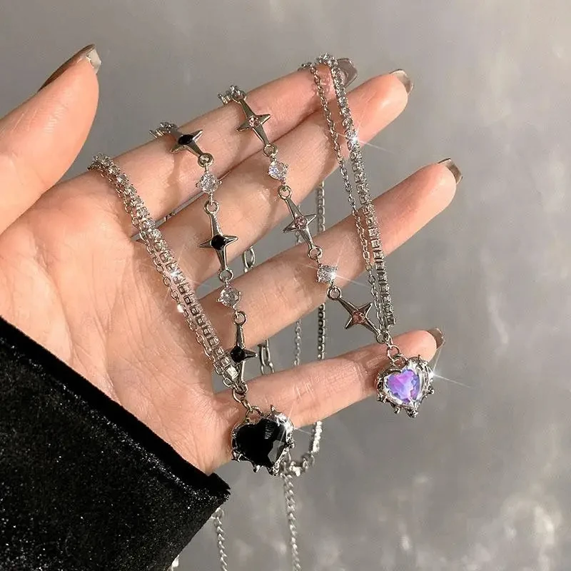 

Y2K 2023 Pink Heart Pendant Necklace Punk Shiny Rhinestone Star Asymmetric Chain Necklace for Women Collar Neck Chain Jewelry