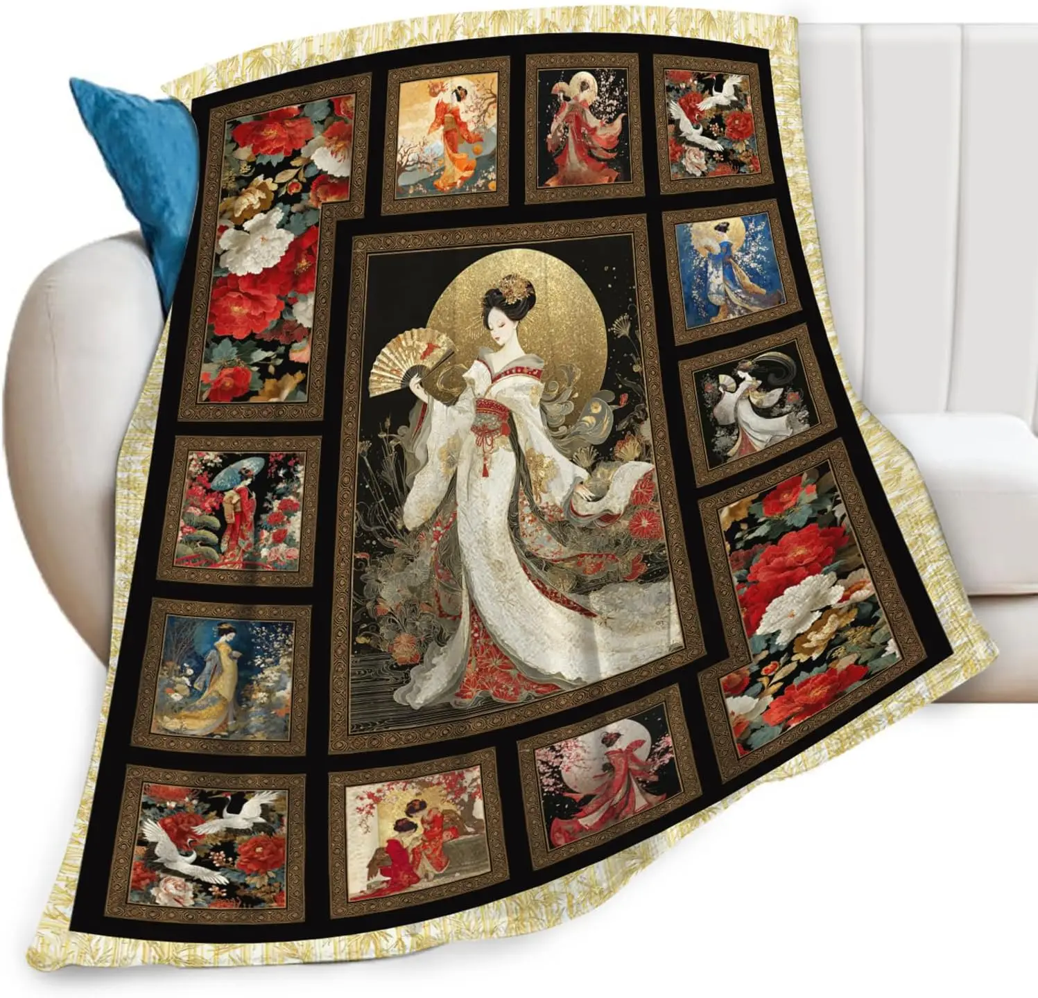 

Elegant Oriental Chinese Art Throw Blanket Home Decor Sofa Couch Throw Textile Asian Style Decorative Painting Cover