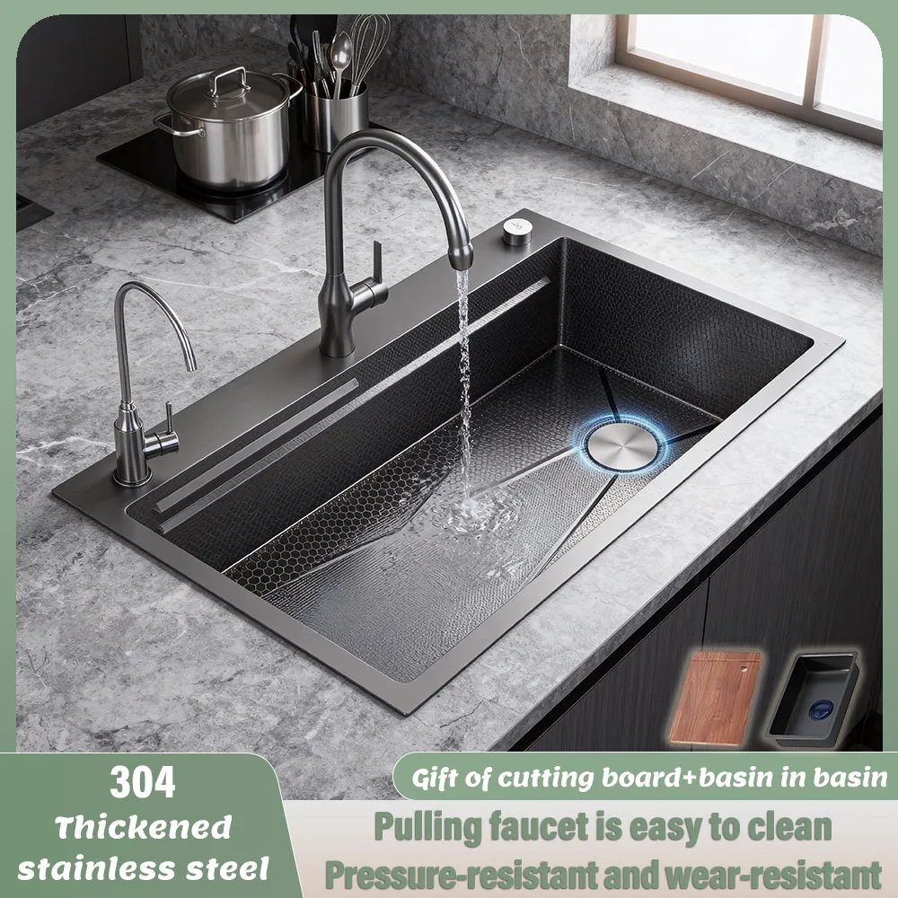 Black Stainless Steel Kitchen Sink Large Single Slot Multifunctional Nano Honeycomb Embossed Wash Dish Basin Undermount Basin