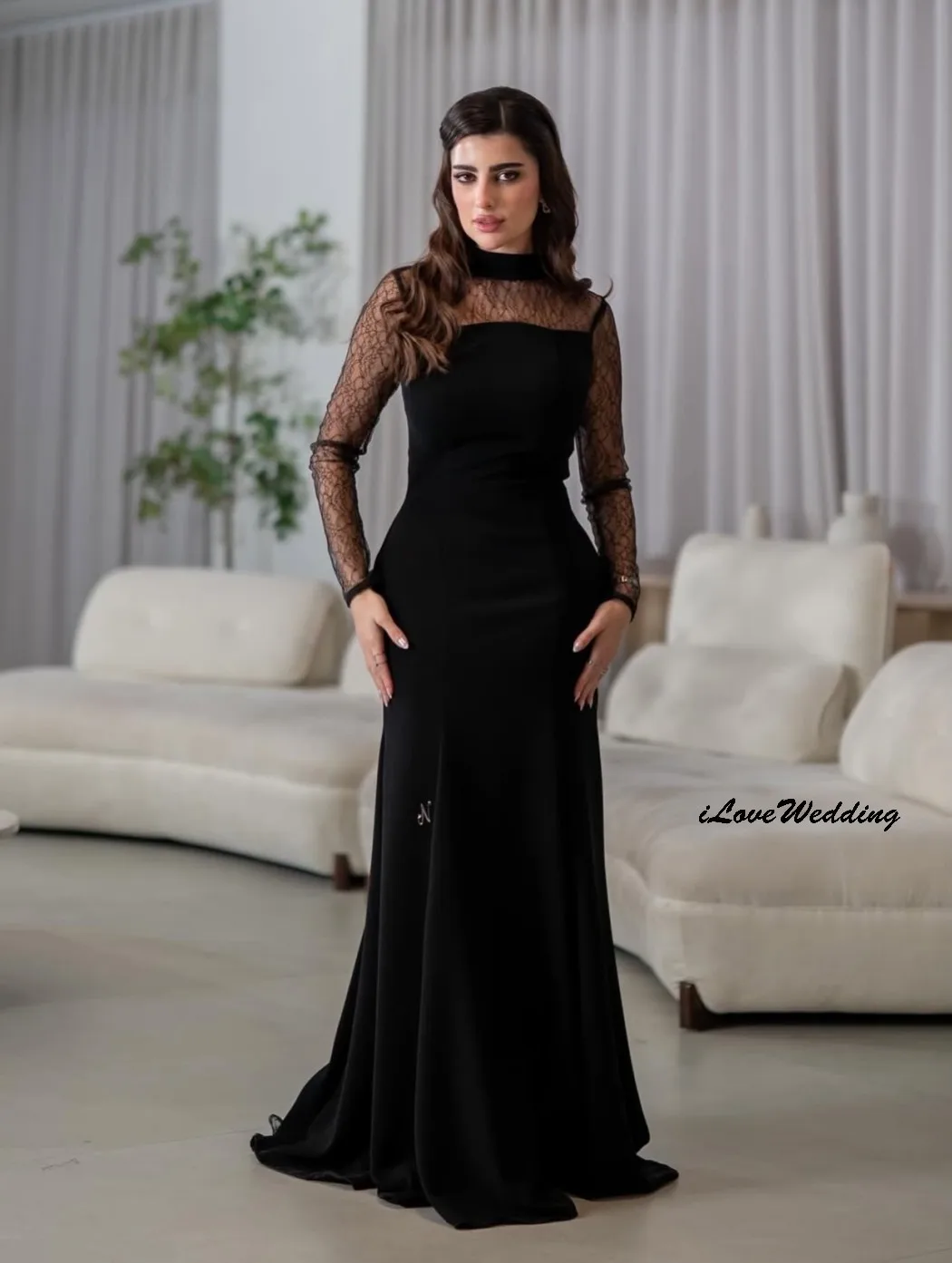 Robe de soirée en dentelle noire, col haut, manches longues, style sirène plissée, personnalisée, 2025