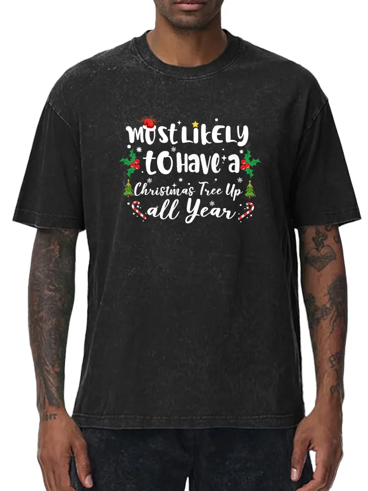 

Most Likely to Christmas 230g Heavy Cotton Washed Oversized T-Shirt for Men Christmas Graphic Tee Retro Casual Top