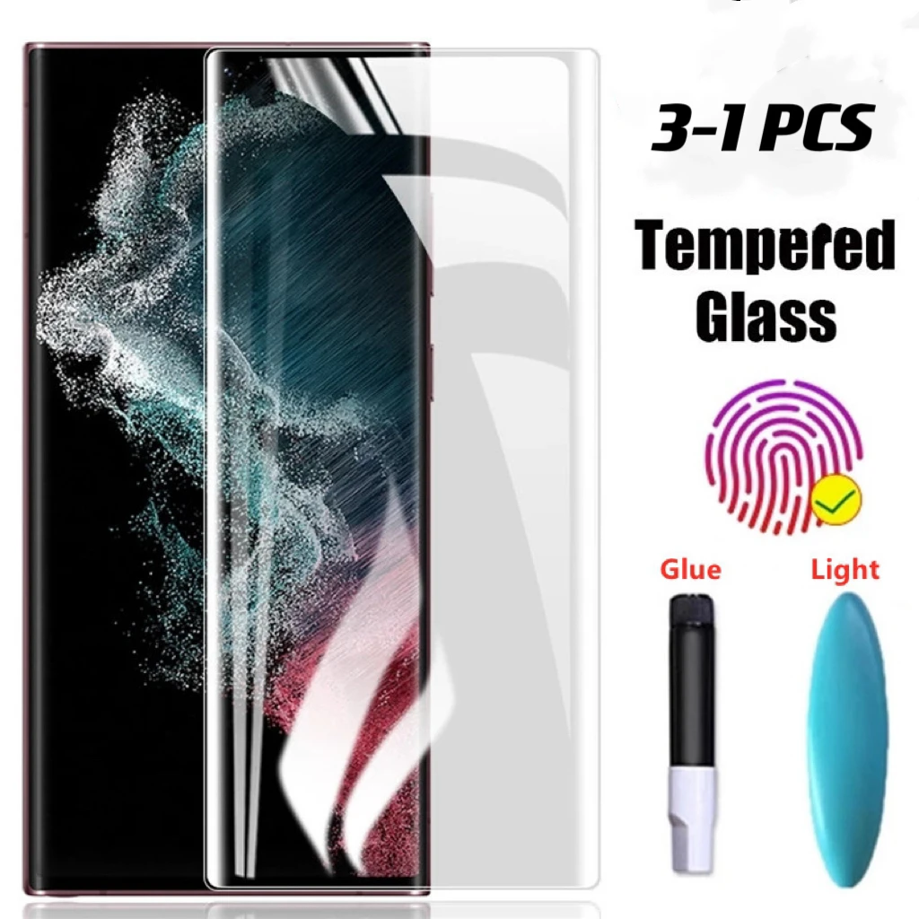 Película de vidrio templado ultravioleta para Samsung galaxy, protector de pantalla de superficie completa, s24, S23 s22, s21, S20 ultra plus, note 20 10 9 8 ultra