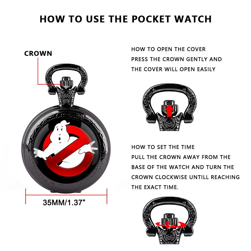 Vintage Creative Ghostbusters Exquisite Pocket Watch Quartz Movement Round Dial Unique Black Necklace Souvenir Gift for Children