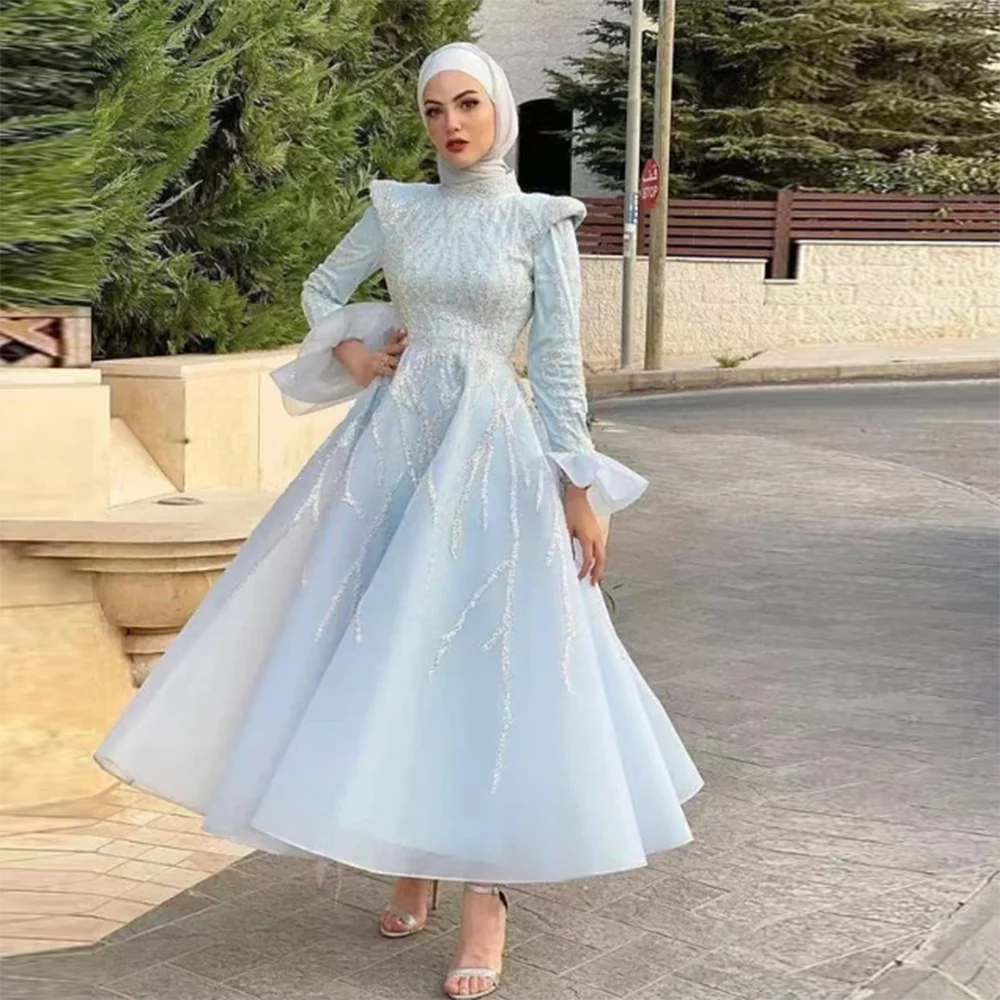 Elegant Exquisite Shiny Sequin Light Blue Luxury Women Prom Dress Ankle Length A-Line O-Neck فساتين سهرات Robes Bal De Promo