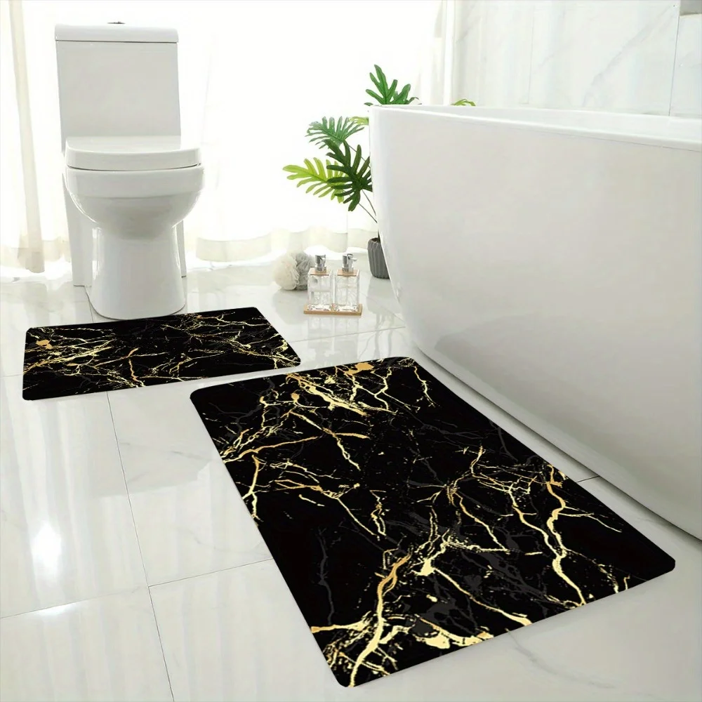 2pcs/ 3pcs/ Set Black Gilt Texture Printed Bathroom Floor Mat Set, Home Decoration Area Carpet, Machine Washable, Wash Basin B