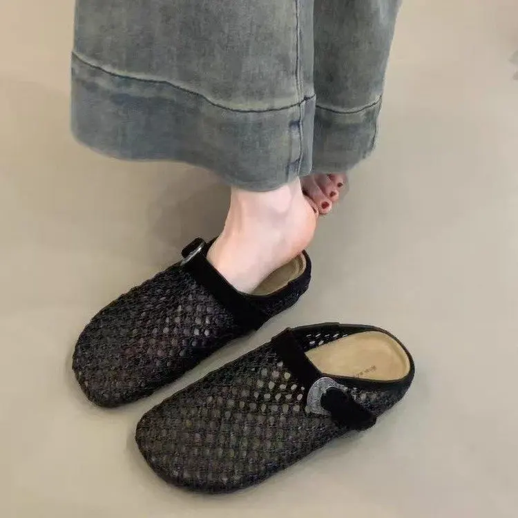 Boho Hollow Knit Clogs for Women Platform Buckle Design Memory Foam Insole Non Slip Breathable Summer Beach Daily Walking Shoes