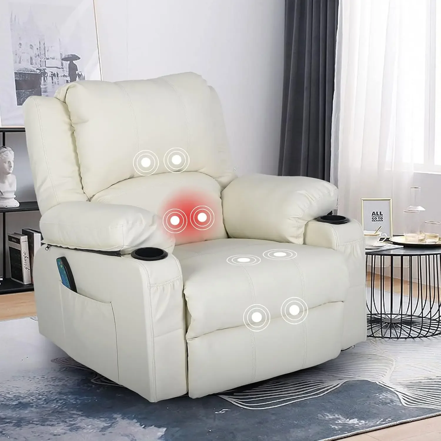 Massage Recliner Chairs for Living Room,Rocker Recliner with Heating Ergonomic Lounge Swivel Reclining Chairs, Beige