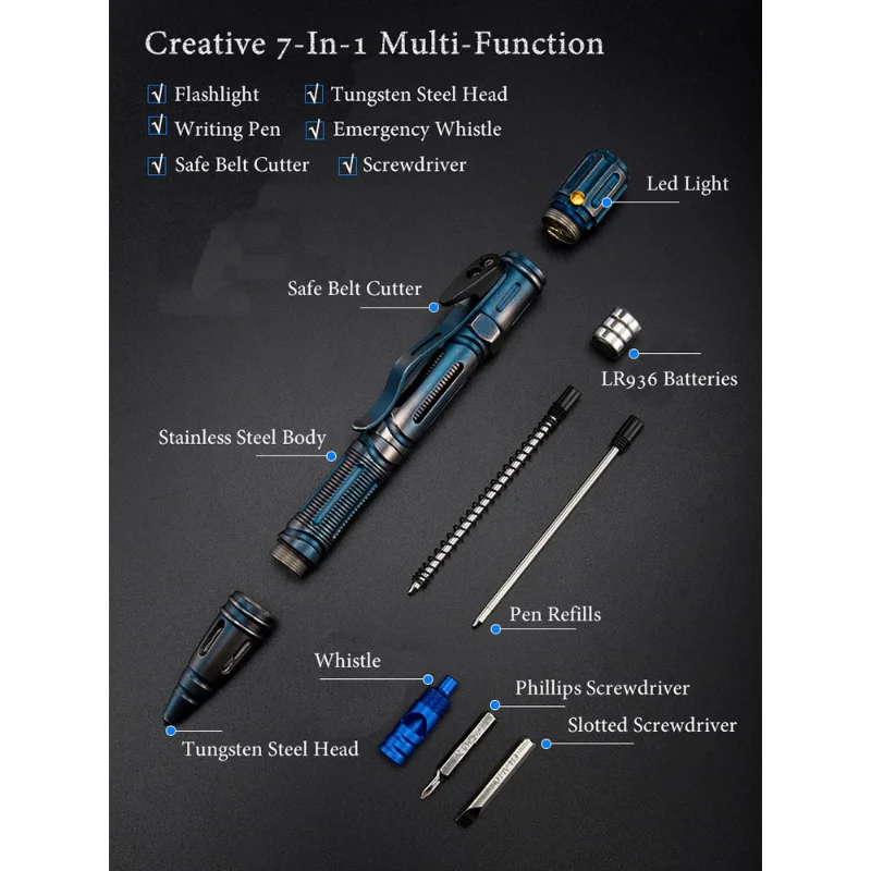 7In1 Outdoor Survival Tactical Pen Multi-Function Self Defense with Emergency Led Light Whistle Glass Breaker