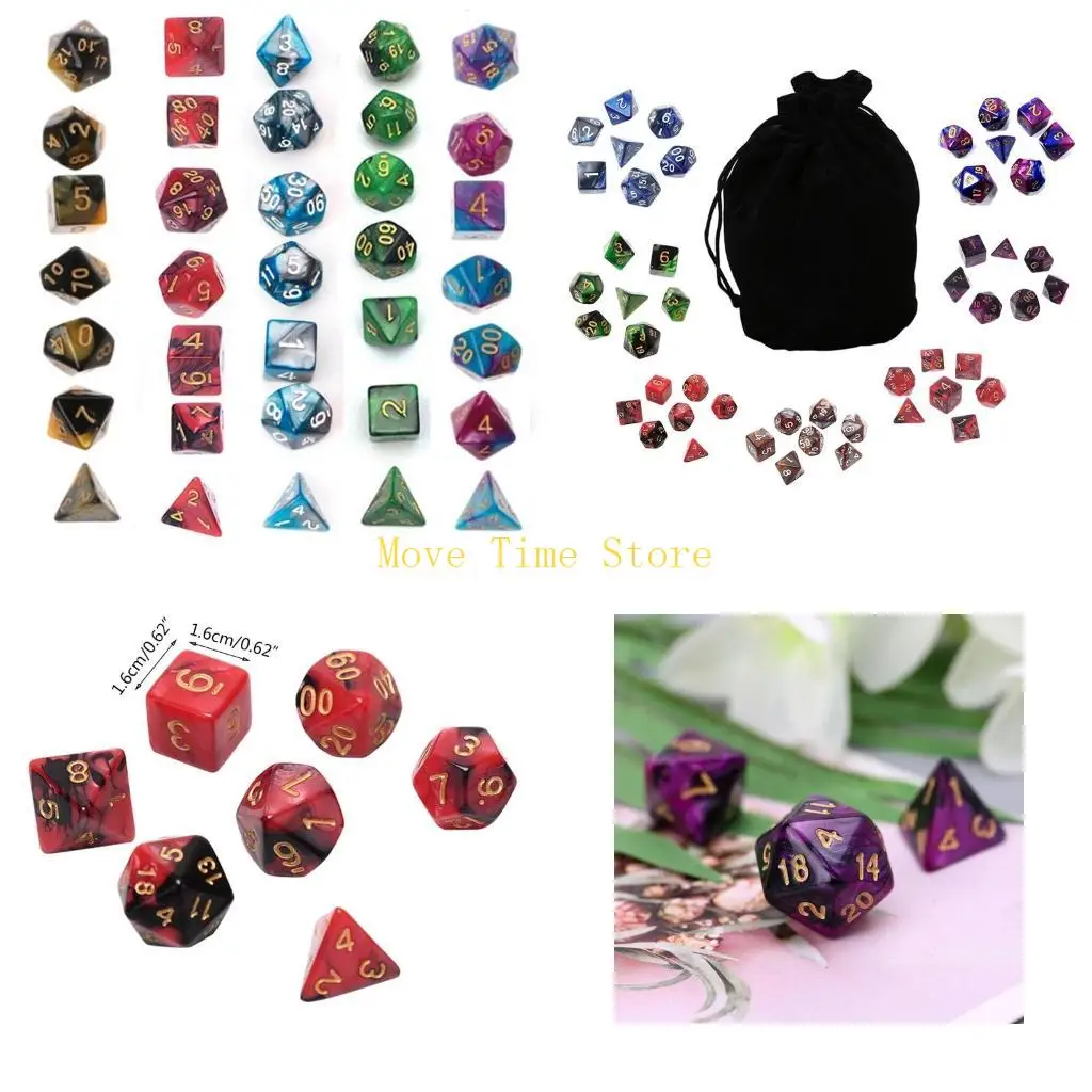 

92ME 49 шт. Ассорти из смолы многогранные кубики с мешочком для DND RPG игровые игрушки D4 D6 D8 D10 D%