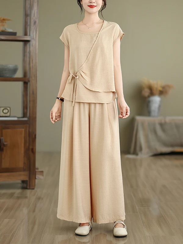 Faionable Lockeres, lässiges Zweiteiler-Set für den Sommer 20225, altersabweisendes Mama-Outfit, hohe Taille, weites Bein, Hose aus Baumwolle, rundes Ne-Top