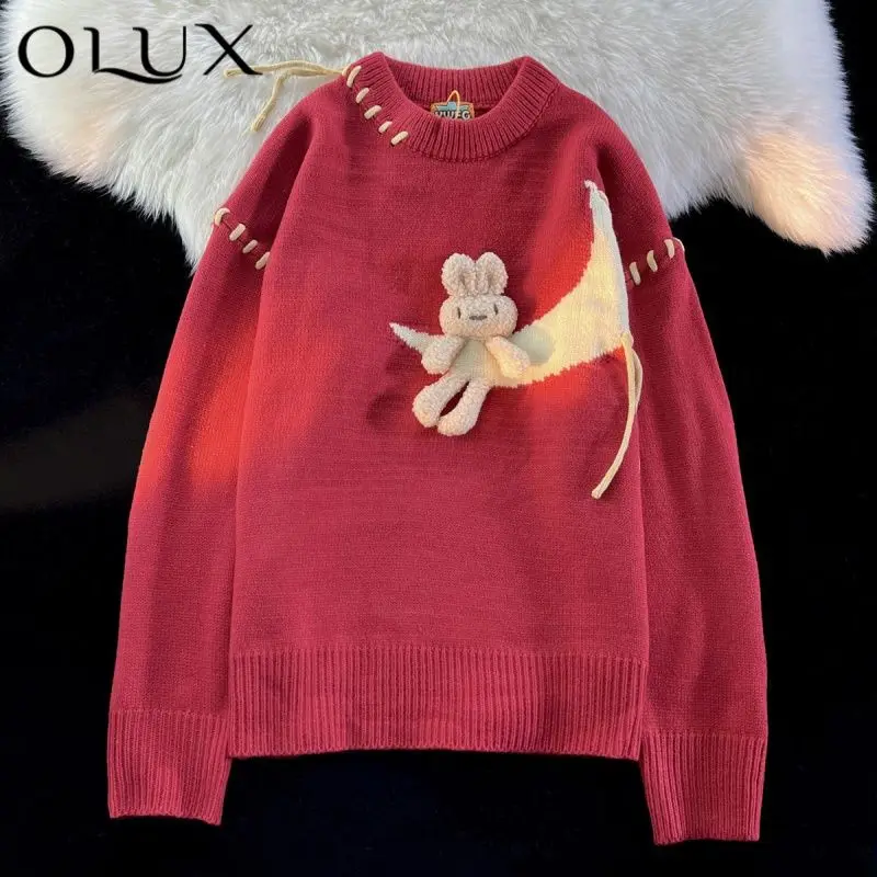 Men Women Cute 3D Rabbit Moon Sweater Pullovers for Girls Varsity Harajuku Casual Loose Jumpers Autumn Winter Couples Kawaii Top