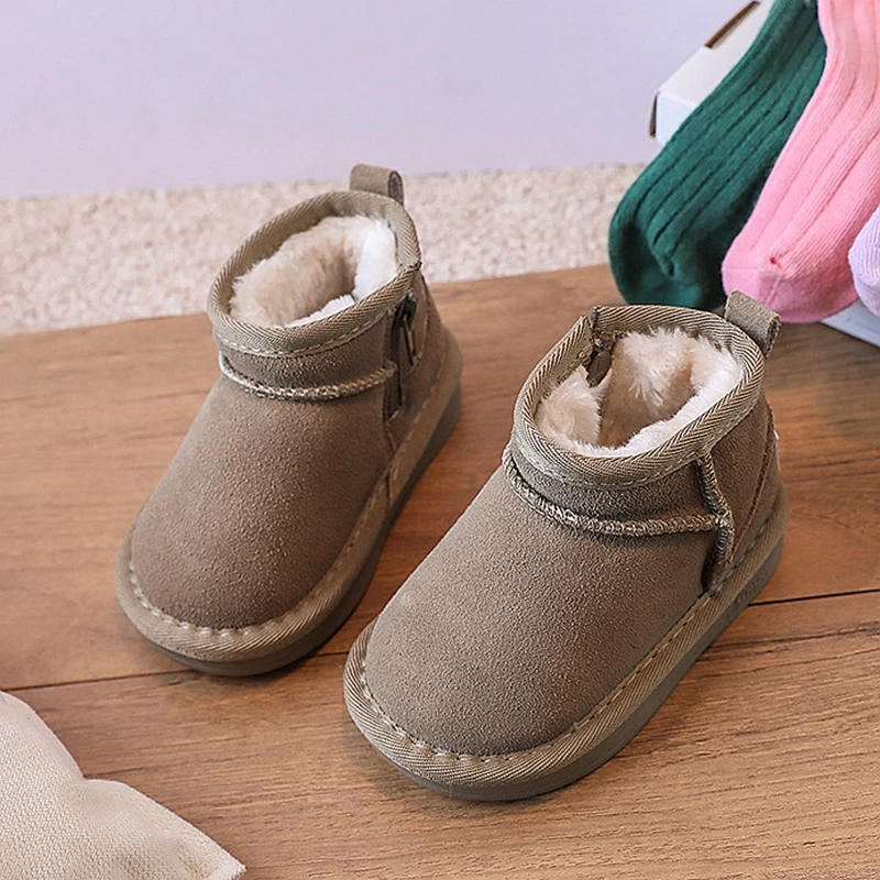 High Quality New Suede Leather Snow Boots For Kids Girls Boys Solid  Winter Zip Ankle Boots For 0-6years Children Woman Shoes