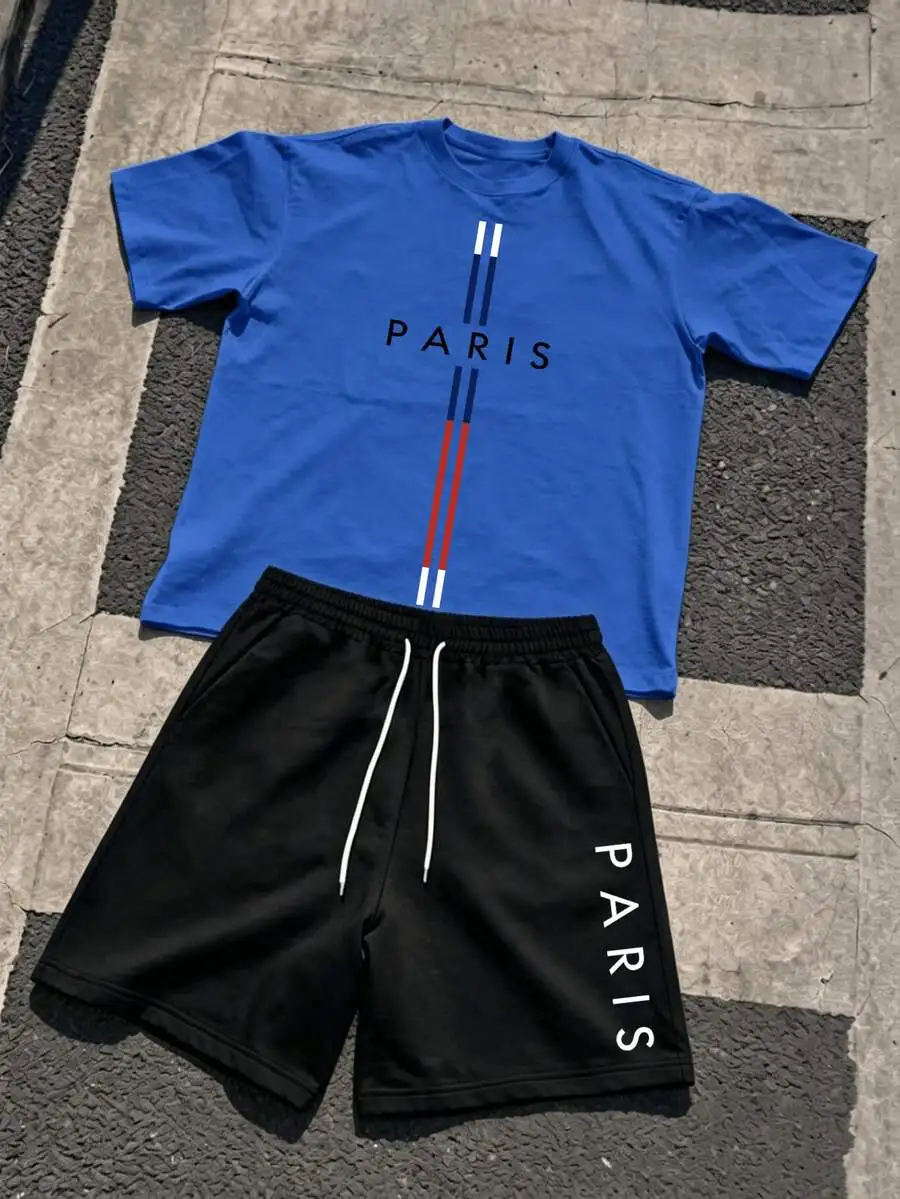 

Mens Paris Print Short Sleeve T-Shirt And Shorts Set Casual Summer Outfit