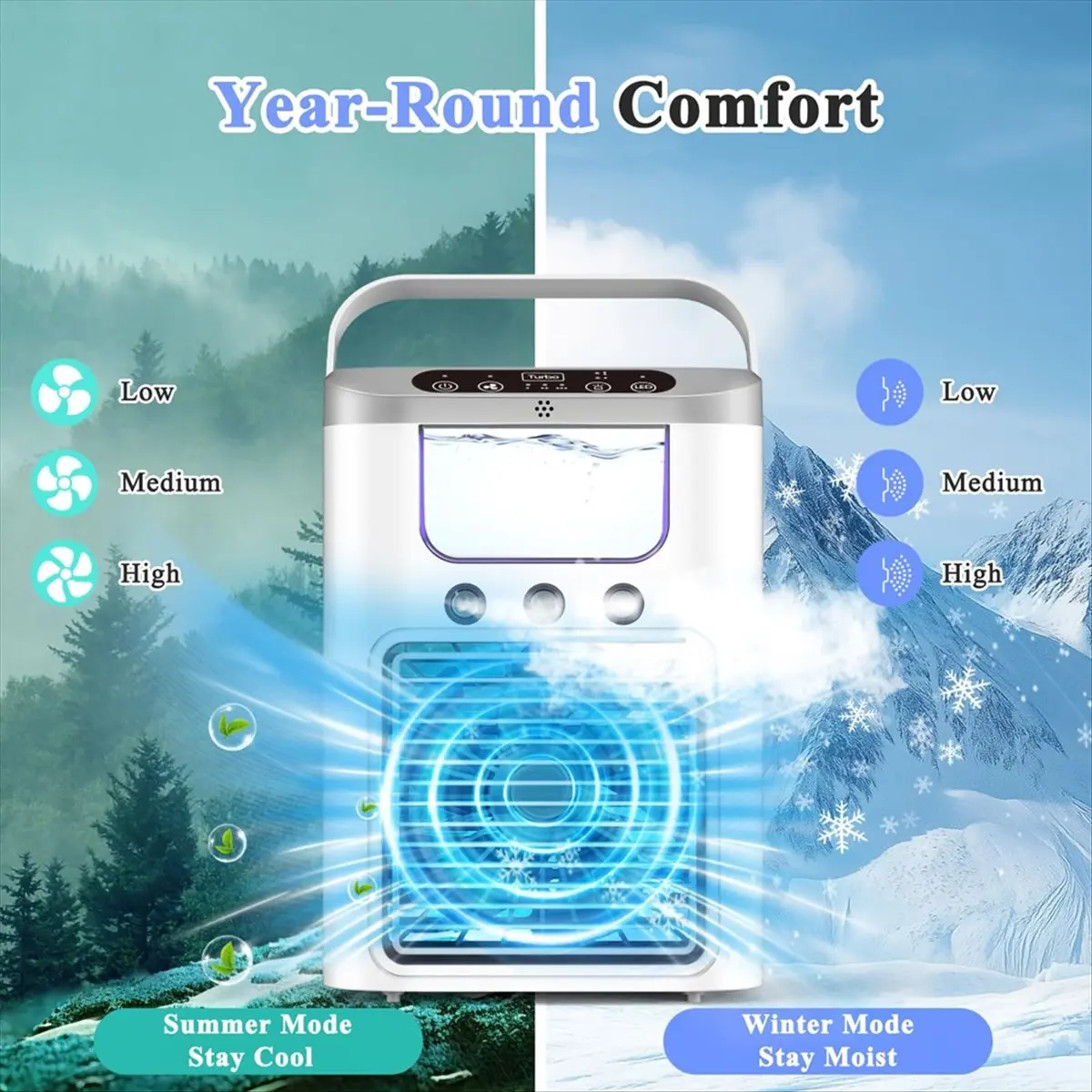 DT56 Portable Air Conditioner,Tabletop Evaporative Fan, 7-Color LED Light, Quiet Mini Air Cooler Humidifier for Home,