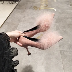 Elegante pelliccia pelosa dolce punta a punta bocca bassa tacchi alti pelle scamosciata Stiletto décolleté da donna scarpe da sposa rosa stile fata