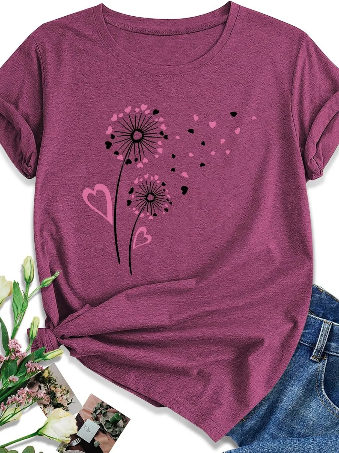 

Plus size women's short sleeve T-shirt Dandelion Hearts Pink Black breathable fabric summer outfit women's clothing