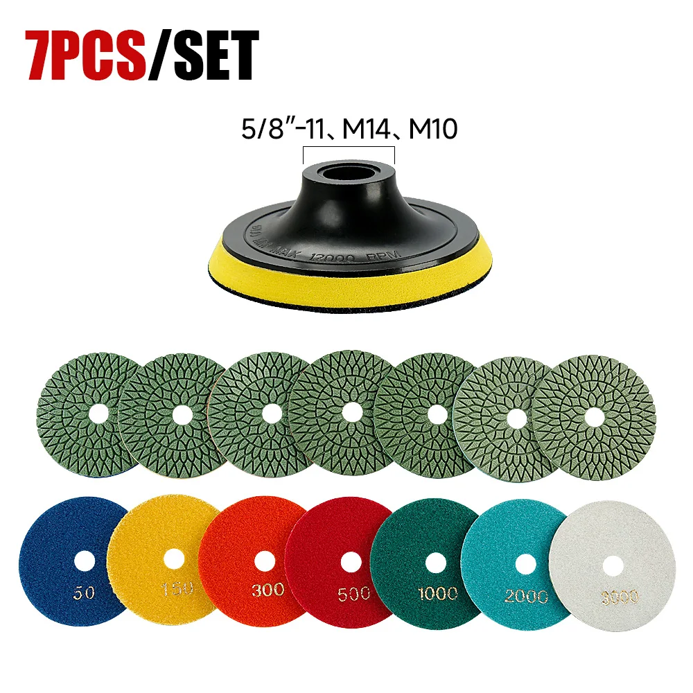 LOZLIN 7Pcs 4 Inch 100mm Patterned Resin Diamond Wet Polishing Pads with Backing Pad for Marble Granite Quartz Concrete Stone