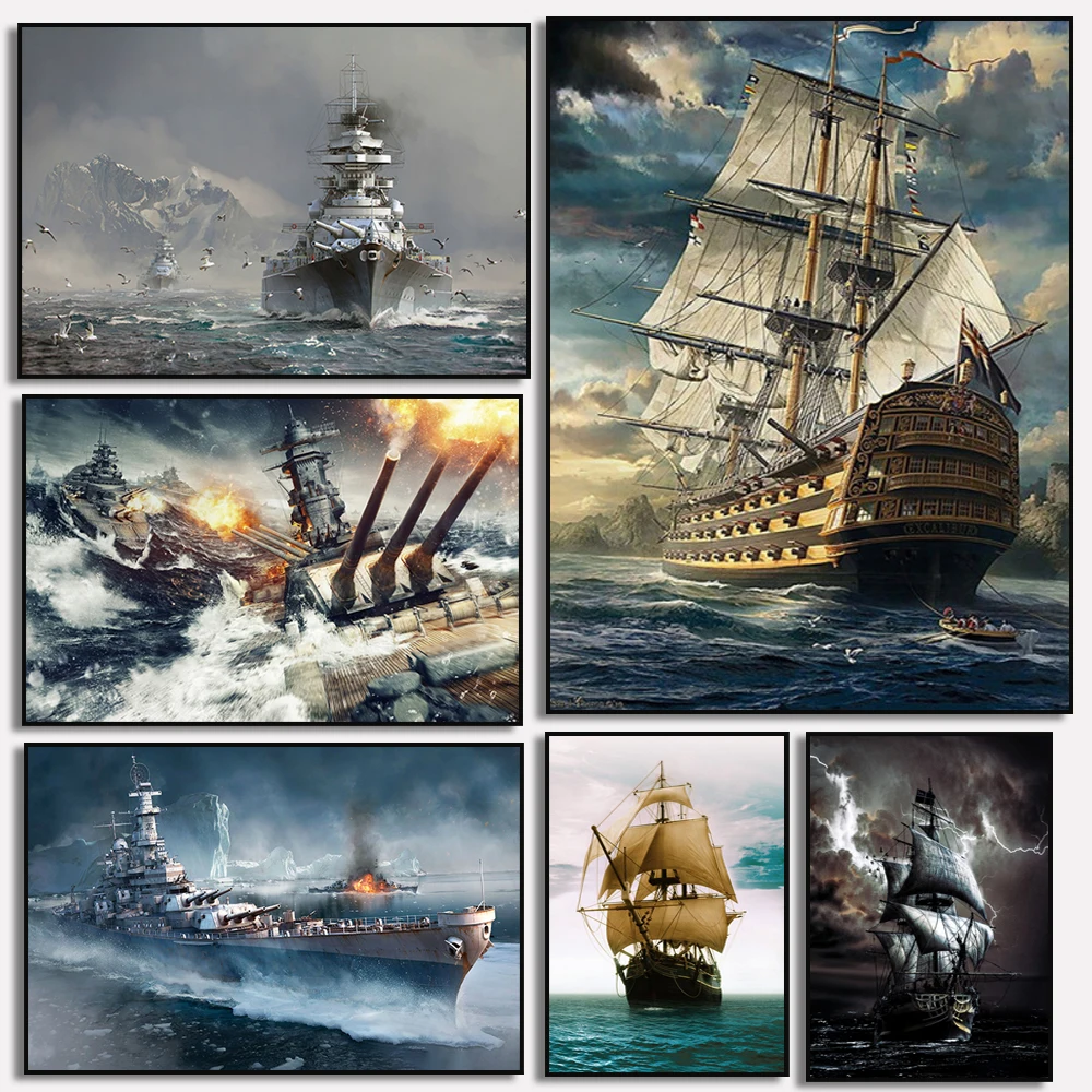 Bismarck Class Battleship Posters Prints Retro Pirate Ship Canvas Painting Ship Wall Art Pictures Living Room Decoration