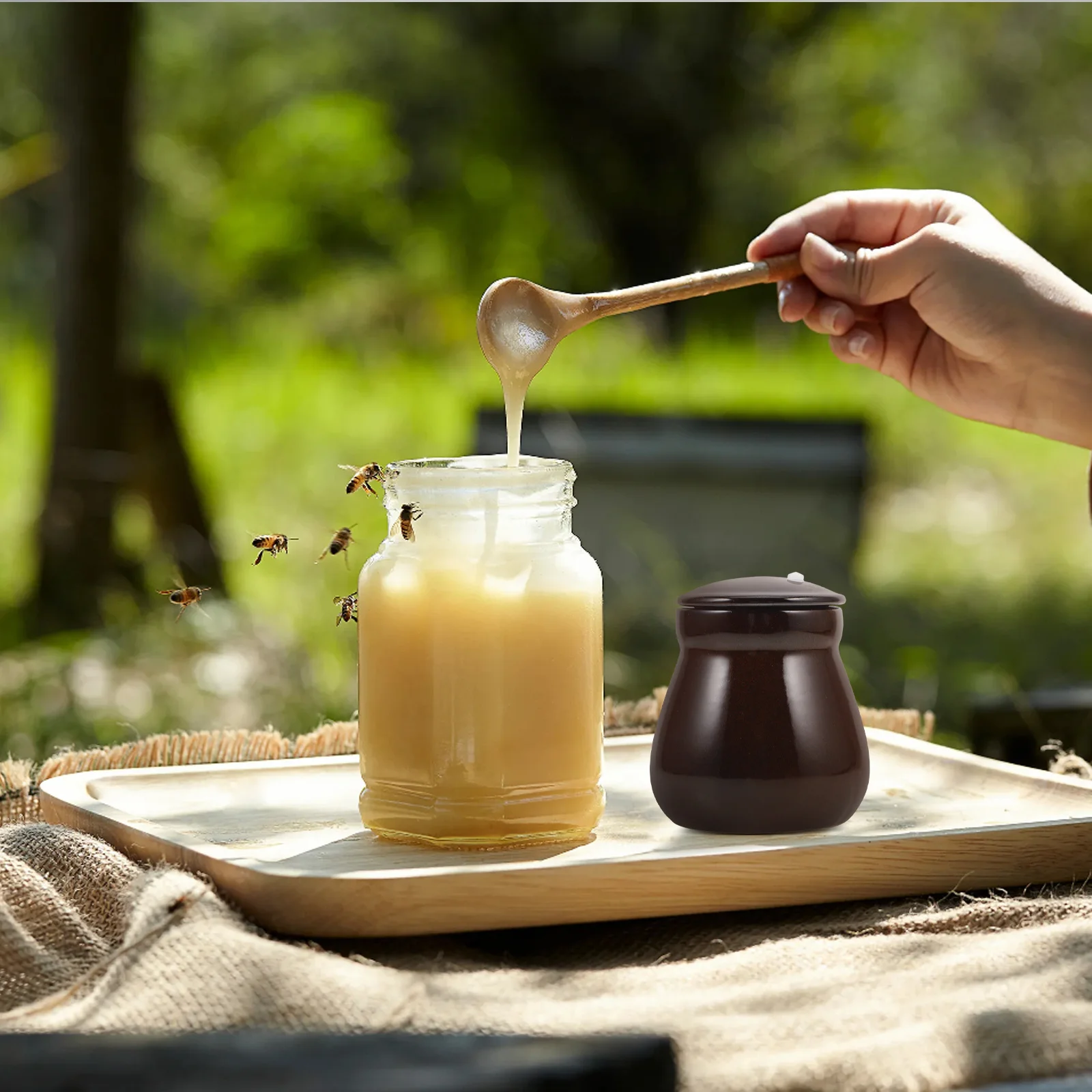 

Ceramic Honey Pot Round Airtight Cobalt Copper Honey Holder Food Storage Container Kitchen Canister Small Candy Dish