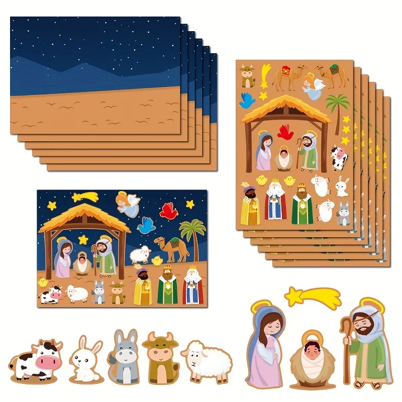 25Pcs Christmas Stickers for Kids Cartoon Scene DIY Puzzle Toys Nativity Scene Stickers for Party Game Classroom Decorations