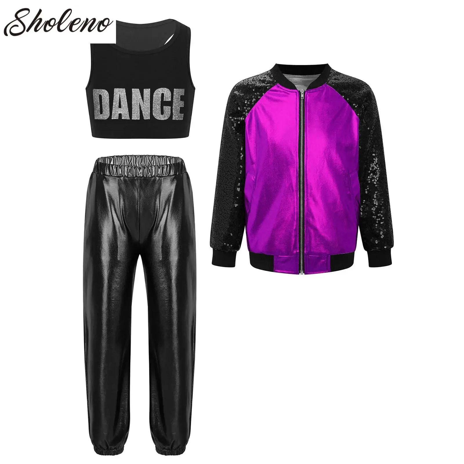 

3Pcs Kids Girls Jazz Set Hip Hop Dance Costume Cropped Vest with Baseball Jacket And Pants Jazz Modern Street Dance Wear