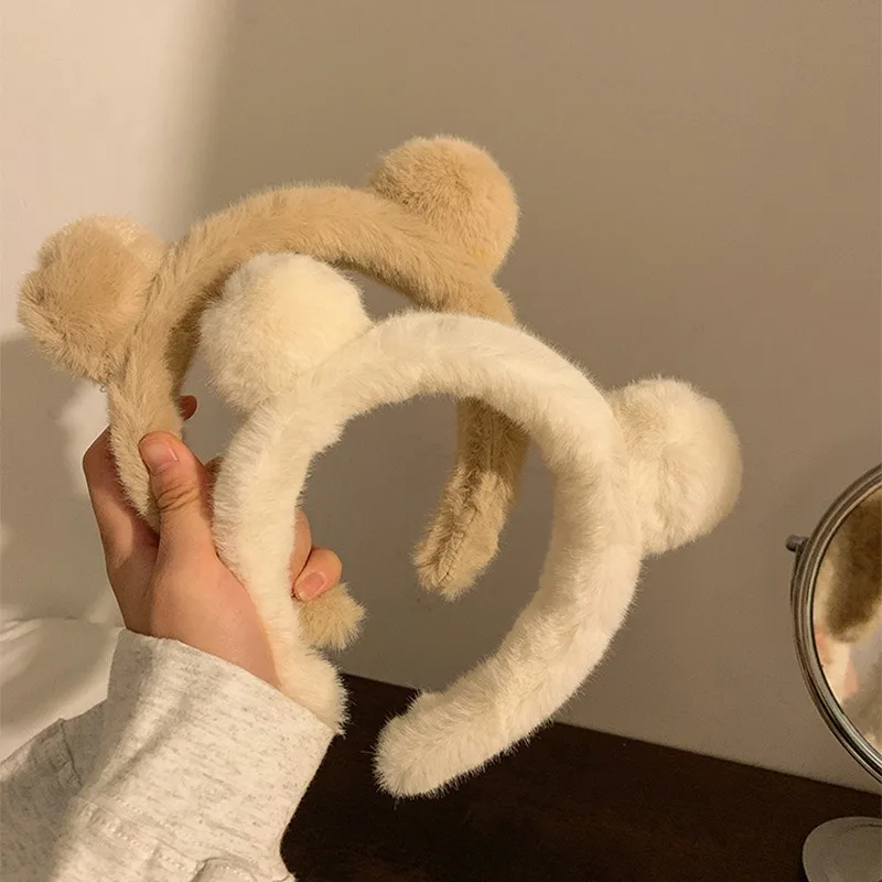 Plush Headband Cute Bear Ear Hariy Headhoop Women Spa Face Wash Anti -sliding Hair Holder Girls Cartoon Head Hoop Hairband Hoops