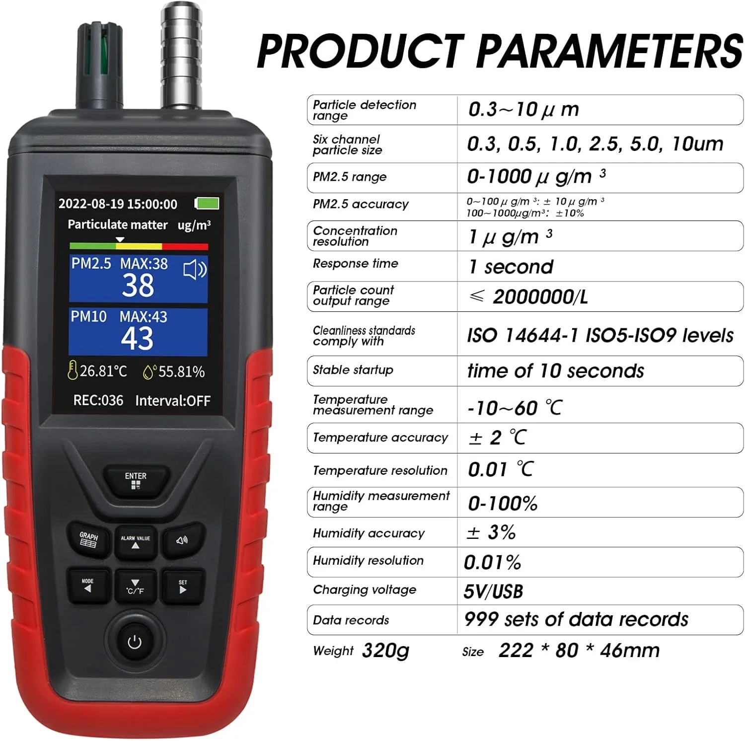 Indoor Air Quality Monitor,6-Channel PM0.3-10 Dust Particle Counter with Temp/Humidity Display, USB Data Transfer & Storage