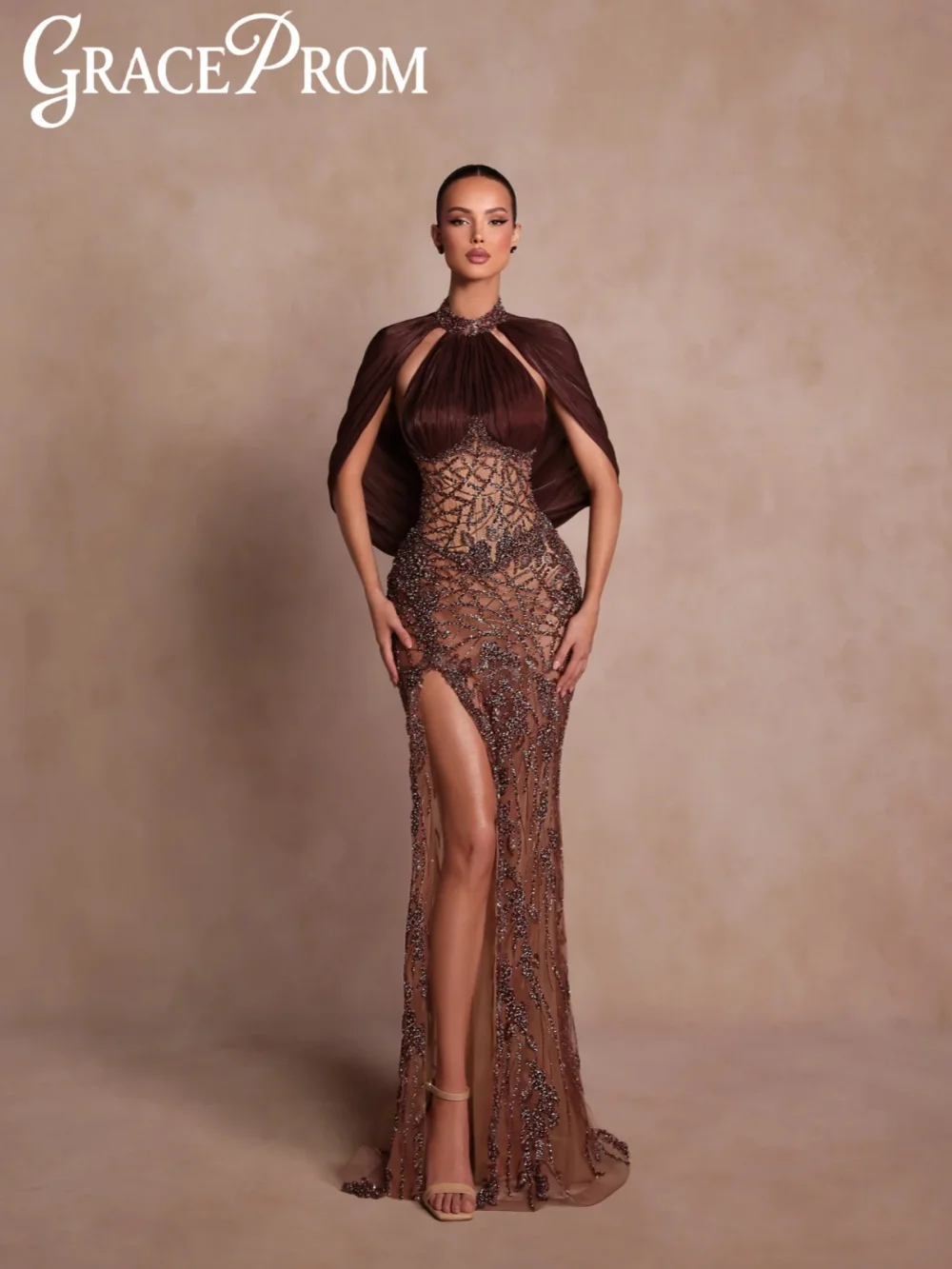 

Attached Shawl Glamorous Beaded Evening Dress Luxury Sexy High Slit Wedding Party Gown Customized Formal Red Carpet Gowns