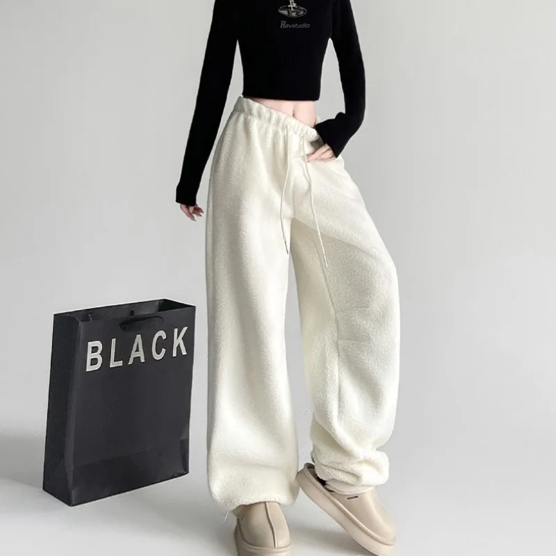 المرأة بنطال ذو قصة أرجل واسعة شتاء 2025 نمط جديد على الوجهين الصوف عالية الخصر فضفاض مستقيم الساق السراويل بناطيل كاجوال دافئة