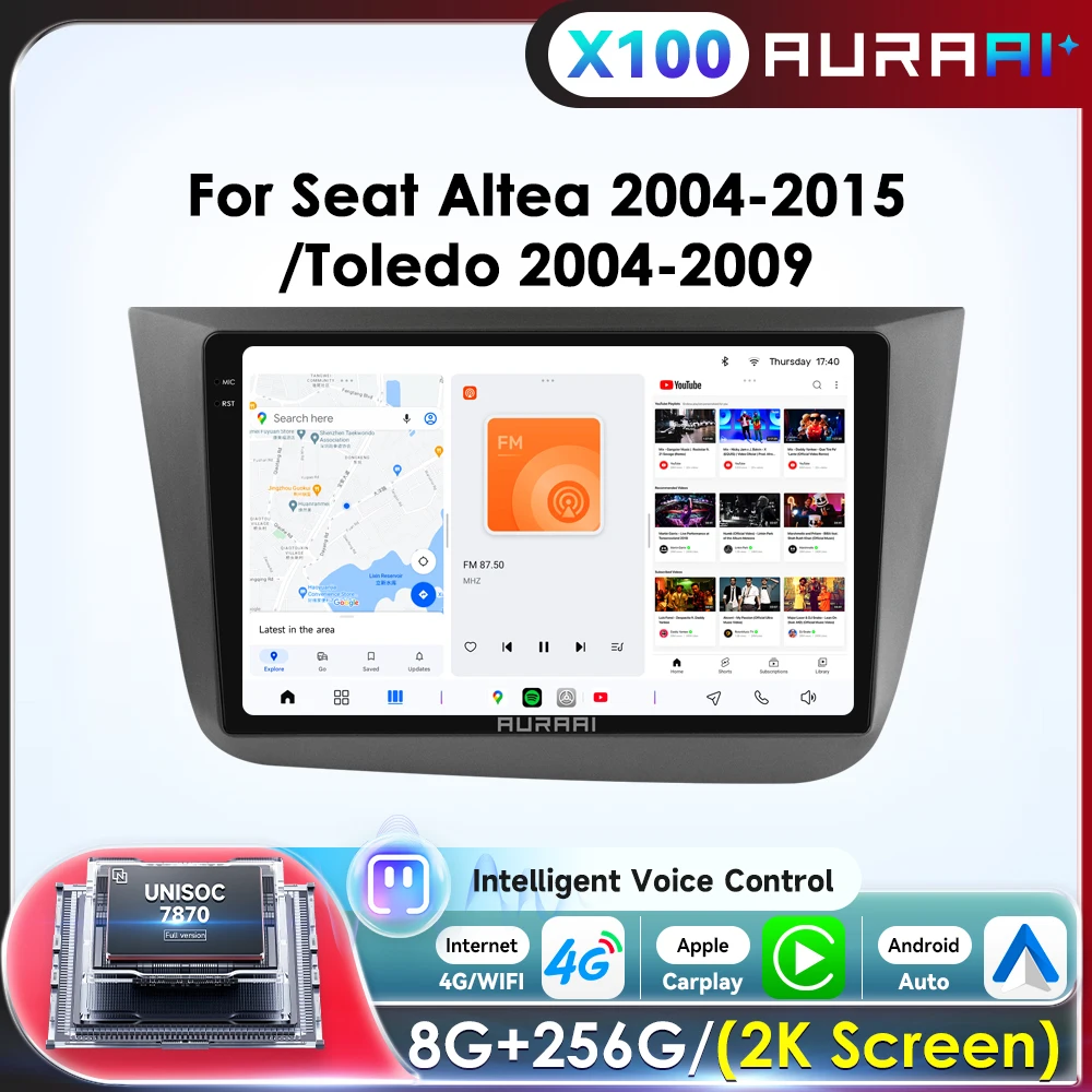 AURAAI 8 CORE autoradio pour Seat Altea Toledo sans fil Carplay voiture 2k écran Android multimédia 360CAM ADAS AI assistant vocal