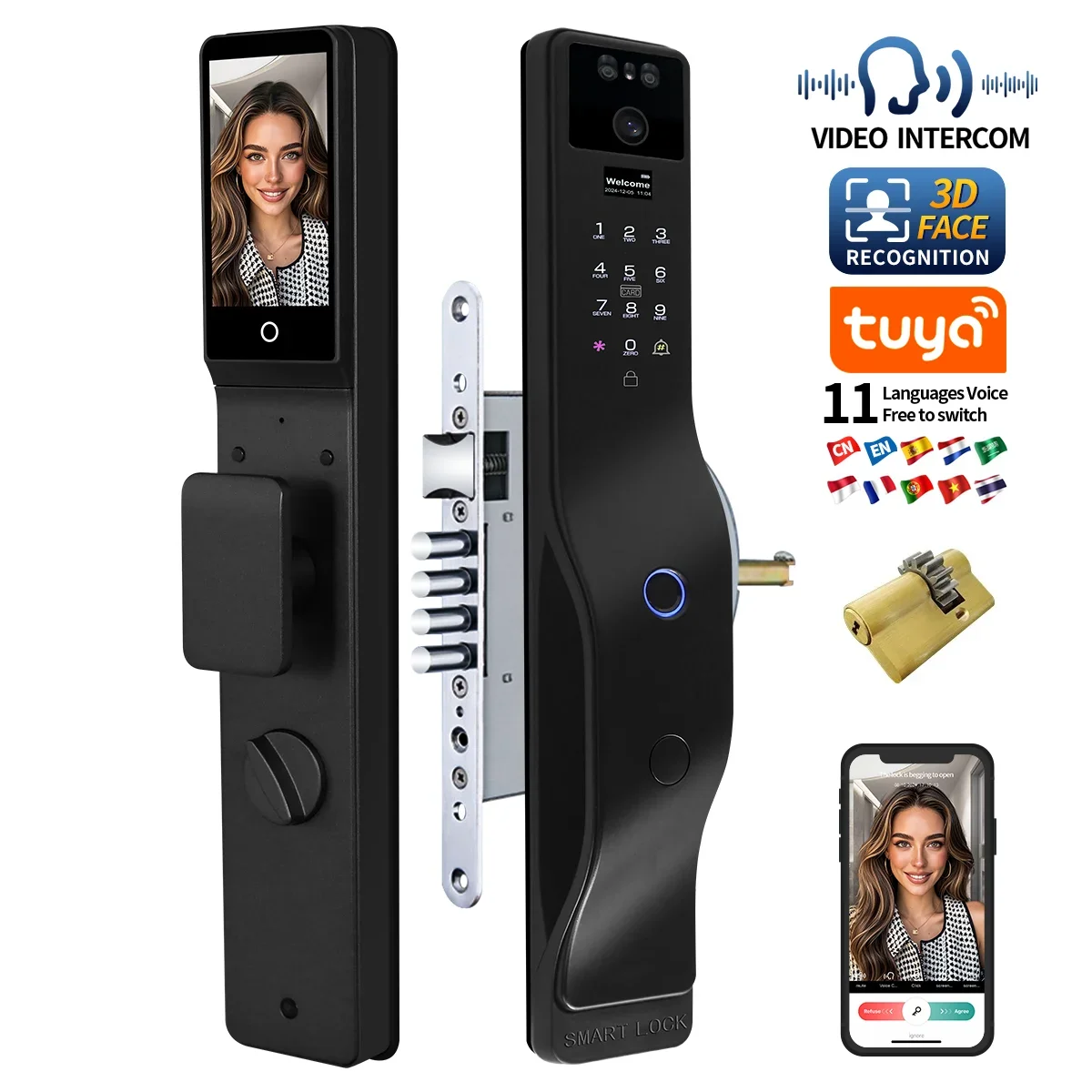 سعر المصنع قفل ذكي تويا واي فاي مكالمة فيديو إنترفون وظيفة لوحة المفاتيح الرقمية قفل الباب الإلكتروني مفاتيح البطاقة الذكية 6085