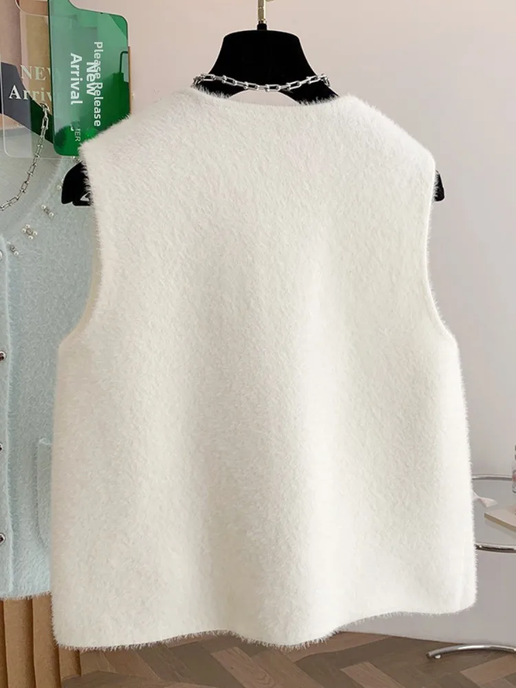 เสื้อกั๊กทรงกลมปักลายหนัก สำหรับฤดูใบไม้ร่วงและฤดูหนาว เนื้อผ้านุ่มสบาย แฟชั่นสำหรับผู้หญิง สไตล์ลำลอง สีมุกเรียบง่าย...