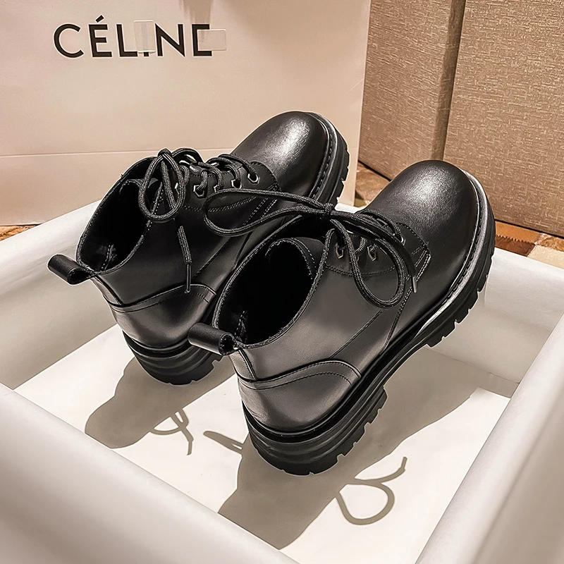 CICIYANG مارتون أحذية السيدات جلد طبيعي 2025 الخريف جديد النمط البريطاني سميكة القاع الرجعية النساء الدانتيل متابعة دراجة نارية الجوارب #3