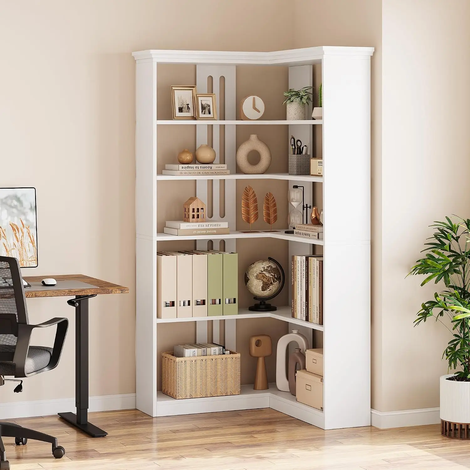 Corner Bookshelf 5-Tier L-Shaped Wood & Metal Bookcase Half Panel Storage Display Rack Living Room Bedroom White, Customized
