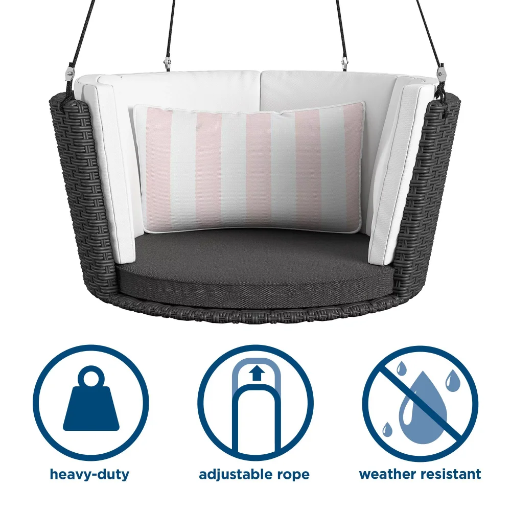 Novogratz Poolside Gossip Collection, Sally Patio Hanging Swing, Pink Striped Cushion, Black Wicker