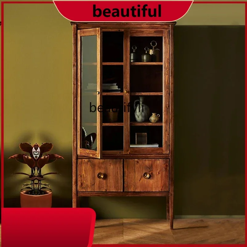 

American style,solid wood floor-to-ceiling bookshelf, black storage with glass door cabinet French retro decorative cabinet H