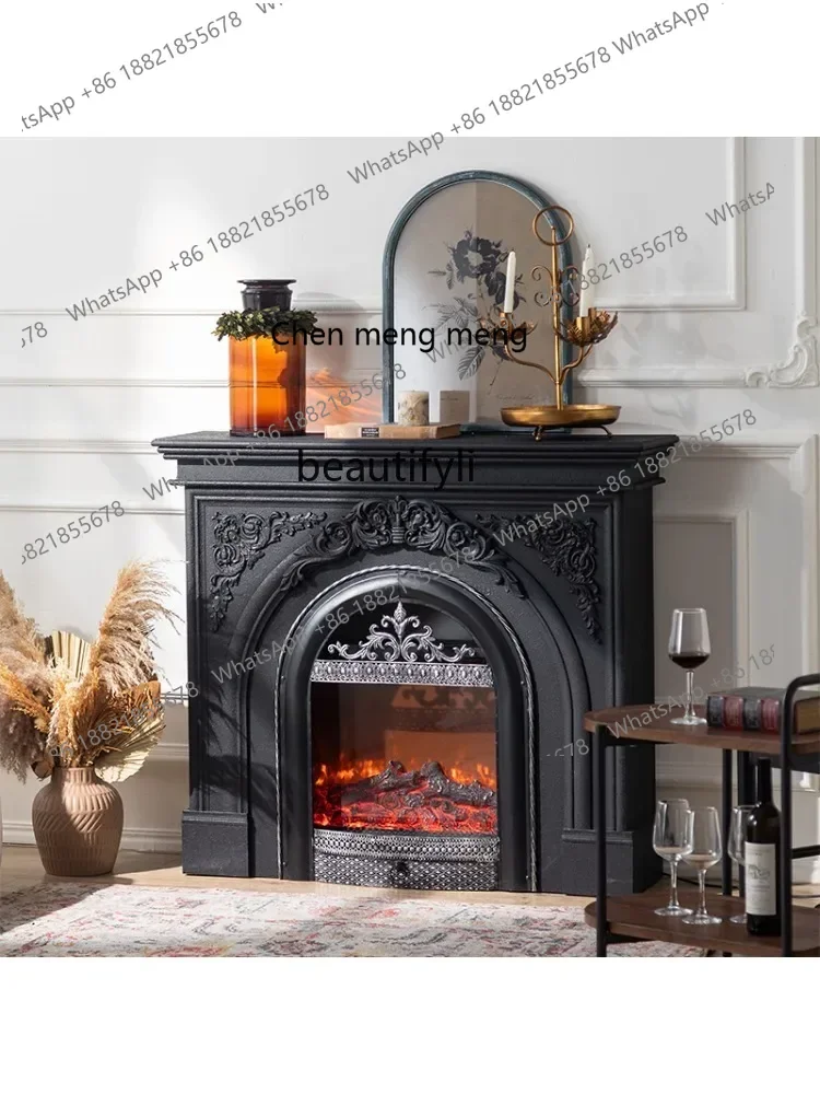 X  CQYFrench fireplace retro solid wood cream style living room entry bird cage anti-fire hall front cabinet arched decorative c