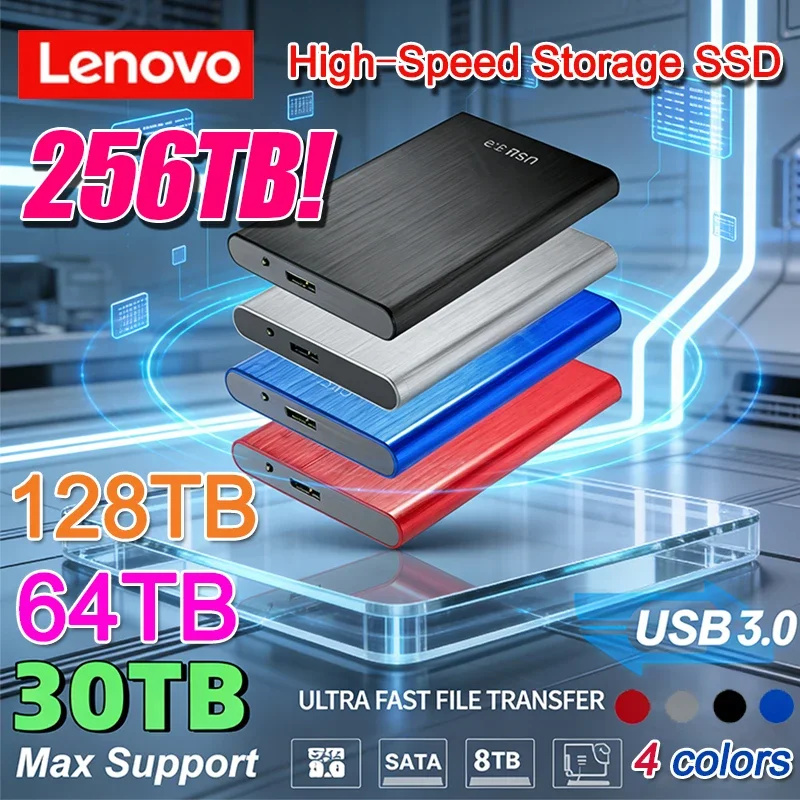 

Портативный SSD-накопитель Lenovo 256 ТБ, высокоскоростной SSD на 2 ТБ, внешний жесткий диск на 8 ТБ, массовое хранилище данных, интерфейс USB 3.0, накопитель для ноутбуков и компьютеров