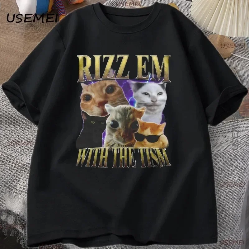 100% Cotton Vintage Funny Cat Print T-shirt, Unisex, Retro Style, Outdoor Casual Fashion Short Sleeve Top