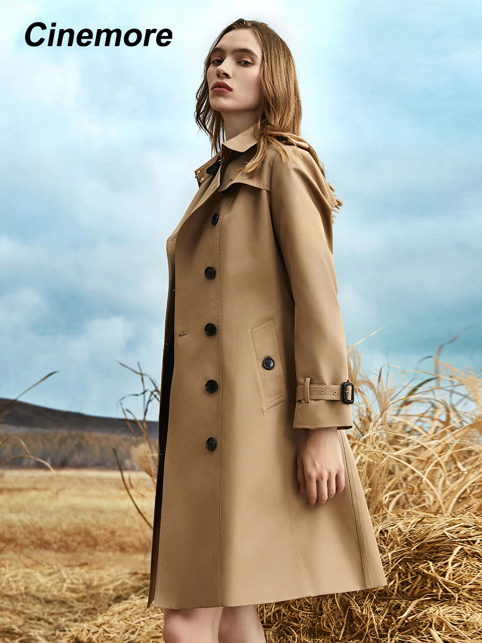 Cinemore Long Trench Coat for Women Windbreaker Jacket Office Formal Double Breasted Windproof Overcoat Belted Chic Lady Coat