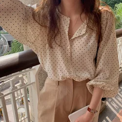 Chic-Retro Blouse Hepburn Style Lapel Contrast Color Polka Dot Design Loose Leisure All-Matching Long Sleeve Shirt For Women