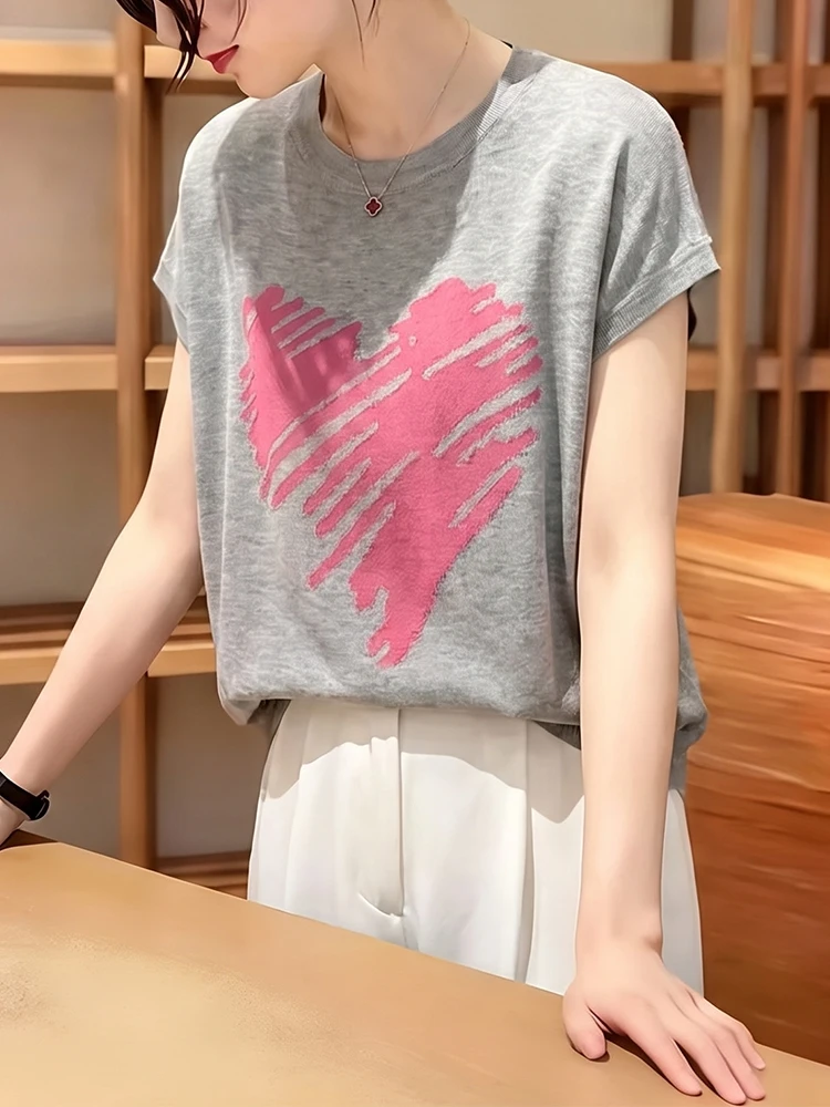 Sweet Style round Neck Short Sleeve T-Shirt Women's Summer Hand-drawn Heart Print Loose Casual Top Korean Version Breathable ...
