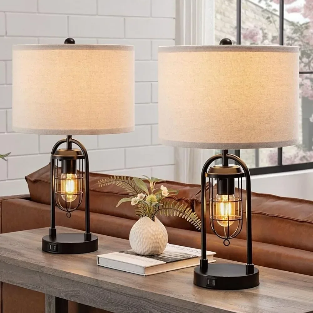 Set of 2 Farmhouse Table Lamps With USB Ports and Night Light Modern Nightstand Lamp Set of 2 for Living Room Bedroom Bedside