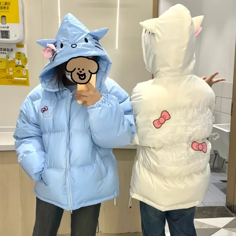 Sanrio Hello Kitty Women Down Jacket Anime Kawaii New Kt Cute Winter Thicken Cotton Clothes Coat Student Top Loose Sports Trend