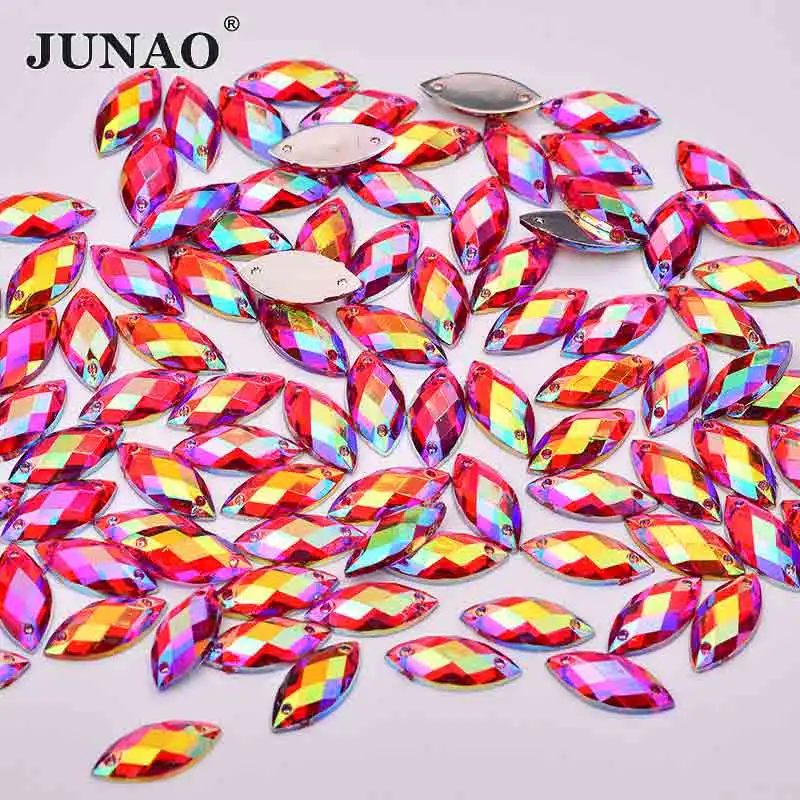 JUNAO 7*15mm 100Pcs Sewing Crystal AB Rhinestone Flatback Acrylic Stones Applique Sew On Horse Eye Crystal Strass For Needlework