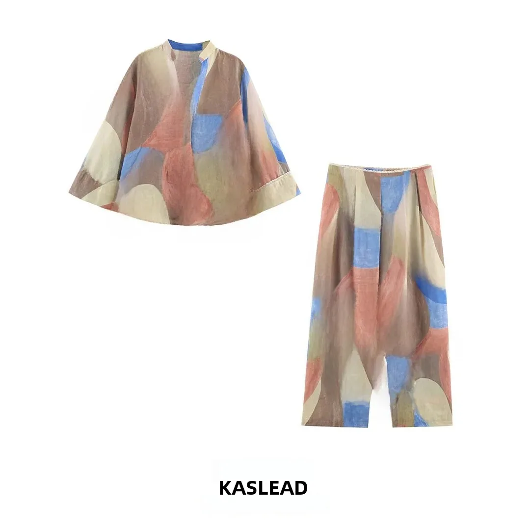 KASLEAD New Women's Fashion Set Floral Print Shirt Wide Leg Pants  Decoration Long Sleeve Regular Length Autumn Spring Su...