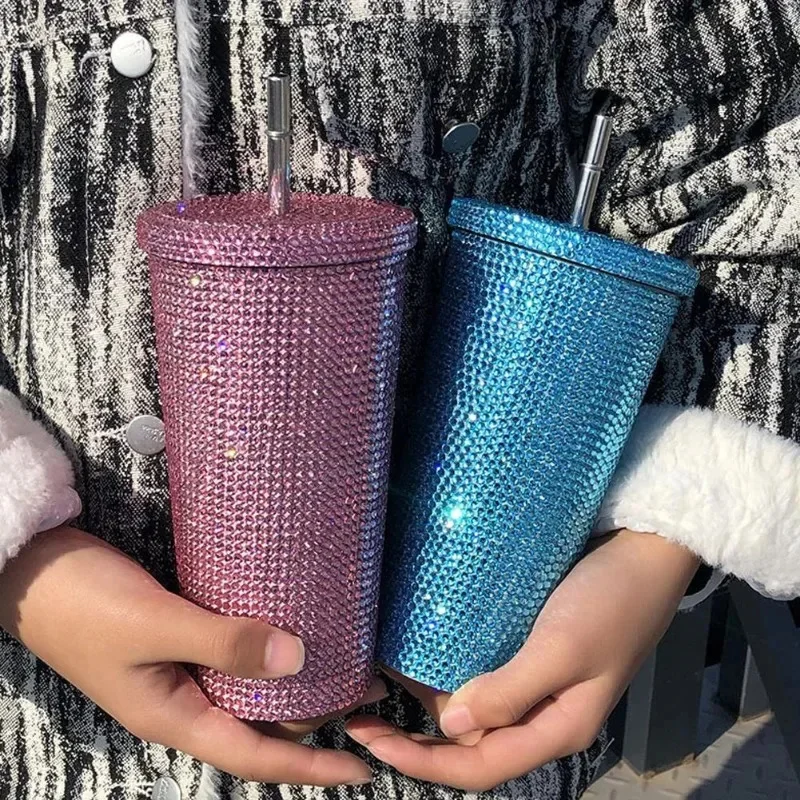 750ml Straw Cup with Lid Shining Rhinestone Stainless Steel Double Layer Thermos Cups Women Glitter Cup Water Bottle Xmas Gifts